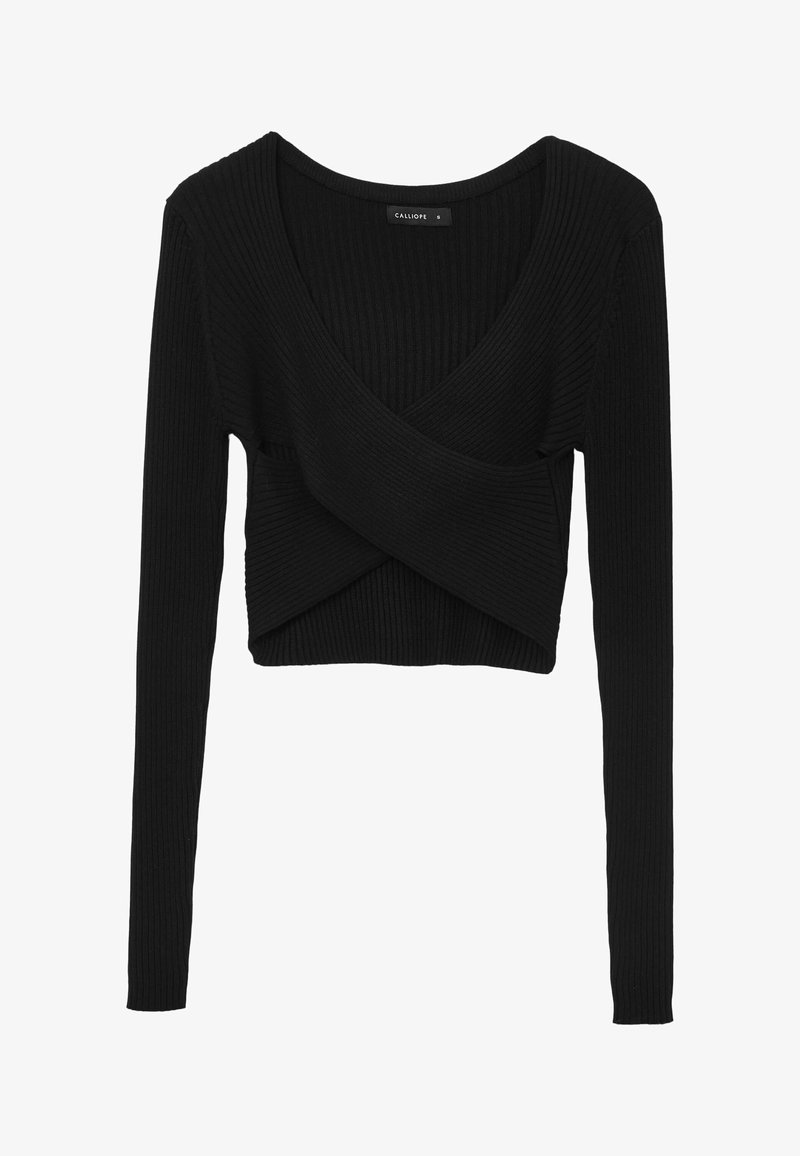 Schwarzes, geripptes Langarm-Crop-Top mit V-Ausschnitt und Wickel-Design. Verfügt über einen strukturierten Stoff und eine taillierte Passform.