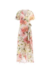 Vestido floral con mangas cortas, grandes flores rosas y amarillas, cinturón lateral y una falda fluida hasta el tobillo sobre un fondo claro.