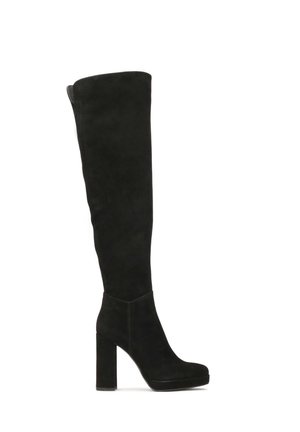 Black over-the-knee boots made of suede with a block heel, rounded toe, and a smooth texture. Seam detailing at the ankle.