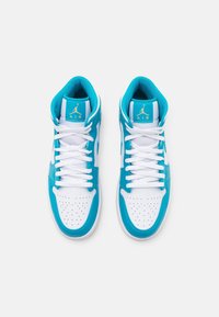 Blue and white mid-top sneakers featuring a smooth synthetic upper, perforated toe box, white laces, and cushioned ankle collar.