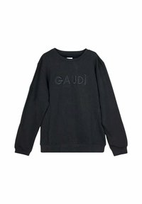 Felpa nera con scollo tondo, maniche lunghe e polsini a costine. Presenta un logo "GAUDI" in rilievo sulla parte frontale. Tessuto liscio.