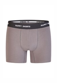 Gray boxer shorts with a black waistband featuring "HAPPY SHORTS" in white text. The fabric appears smooth with subtle stitching details.