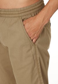Beige, leichte Stoffshorts mit einem elastischen Bund und einer Seiten Tasche. Glatte Textur mit genähten Nähten und lässigem Design.