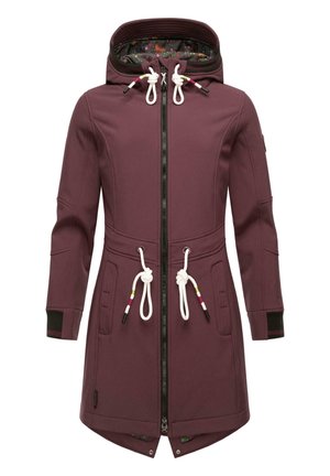 Maroon outdoor jacket with a hood, zip closure, drawstring accents, side pockets, and patterned inner lining. Features black cuffs.