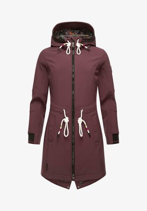 Giacca outdoor bordeaux con cappuccio, chiusura con zip, dettagli a corda, tasche laterali e fodera interna decorata. Presenta polsini neri.