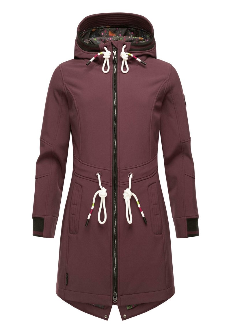 Maroon outdoor jacket with a hood, zip closure, drawstring accents, side pockets, and patterned inner lining. Features black cuffs.