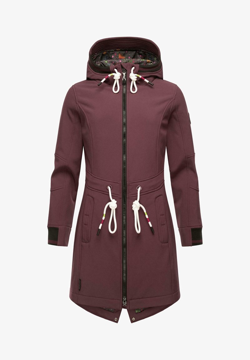 Maroon outdoor jacket with a hood, zip closure, drawstring accents, side pockets, and patterned inner lining. Features black cuffs.