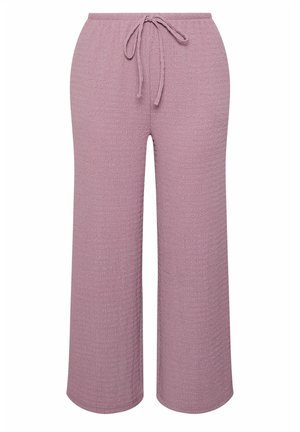 Pantalones de pierna ancha en color lavanda con textura, cintura elástica y cordón ajustable al frente, diseñados para uso casual.
