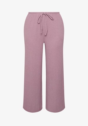 Pantalon large en lavande texturé avec une taille élastique et un cordon de serrage à l'avant, conçu pour un usage décontracté.