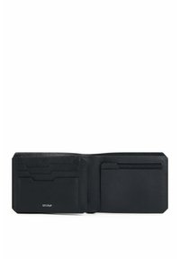 Black leather wallet with multiple card slots, a zippered pocket, and smooth texture. Features embossed logo and minimalistic design.