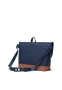 Borsa a tracolla in tela blu navy con fondo marrone. Presenta una tracolla regolabile e una maniglia superiore. Forma rettangolare con texture liscia.