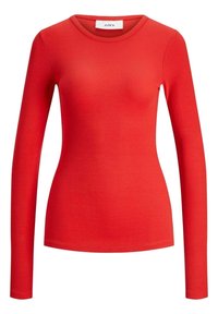 Langärmliges rotes Rippoberteil mit rundem Halsausschnitt und taillierter Silhouette, aus dehnbarem Stoff für Komfort gefertigt. Markenlabel sichtbar.