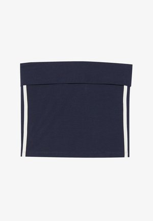 Marineblå cropped top med en bred båndet halsudskæring. Har lodrette hvide striber langs begge sider. Fremstillet af blødt, strækbart stof.