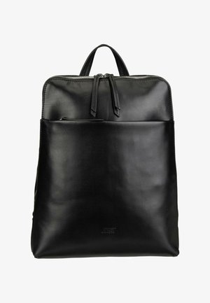 Black leather rectangular backpack with front zip pocket, dual top zipper pulls, and single handle loop at the top.
