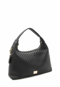 Sac en cuir noir tressé avec une texture lisse, une poignée courbée, des détails en métal doré et une fermeture éclair. Comprend une petite étiquette en cuir.