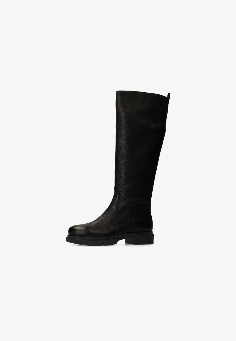 Black leather knee-high boot with a textured surface, sturdy sole, and side panel detailing. Features a pull tab for easy wear.