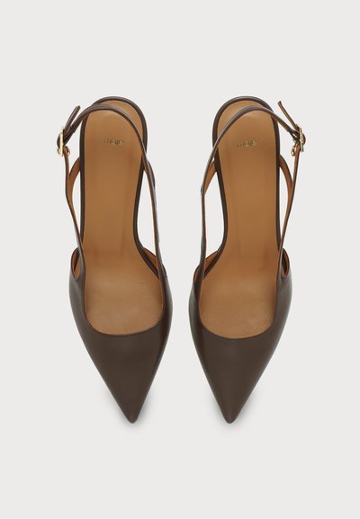 Brune slingback høye hæler med spiss tå, tynne stropper og gullspenner, sett ovenfra på hvit bakgrunn.