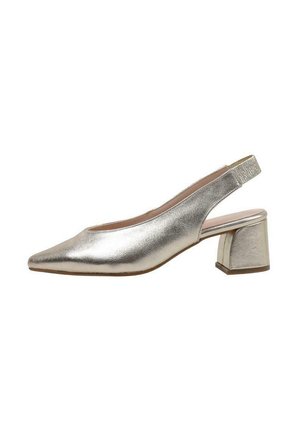 Chaussure slingback argent métallisé avec un bout pointu, une tige texturée et un talon carré. Caractérisée par un design élégant et minimaliste.