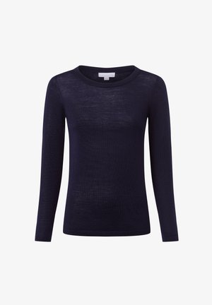 Marineblaues Langarmoberteil aus leichtem Stoff mit Rundhalsausschnitt und taillierter Silhouette; glatte Textur mit minimalen Nähten.