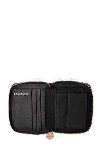 Portafoglio in pelle nera con zip dorata, dotato di più scomparti per carte e un vano per monete. Logo impresso “BORBONESE” all'interno.