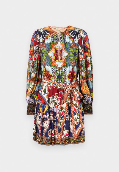 Colorful, patterned short dress with long sleeves, cinched waist, v-neck, and a ruffled hem. Made of lightweight fabric. Accented with floral designs.