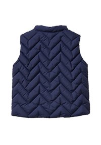 Tyrkysová prošívaná puffer vesta s chevronovým vzorem, bez rukávů a vysokým límcem. Hladká textura s šitými detaily.