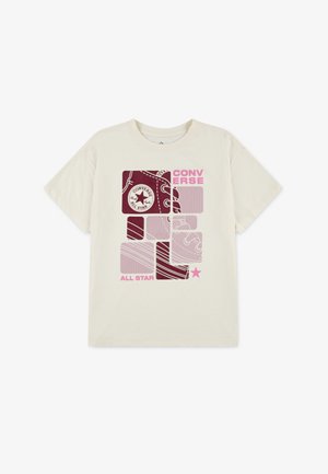 Cremfarbene T-Shirt mit einem grafischen Druck in Burgunderrot und Pink, versehen mit dem Schriftzug "Converse All Star" und Schuhdetails. Mit kurzen Ärmeln und Rundhalsausschnitt.