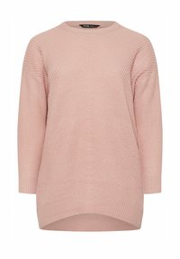 Hellpinker, gestrickter Pullover mit Rundhalsausschnitt, Dreiviertelärmeln und abgerundetem Saum. Das Material hat eine strukturierte Optik.