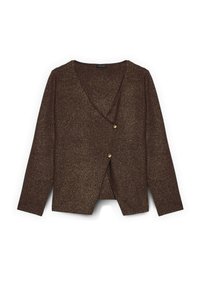 Brun metallisk cardigan med V-ringning, långa ärmar och en omlottdesign. Har två framträdande guldfärgade knappar framtill.