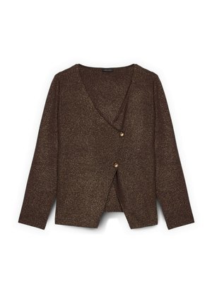 Brauner metallischer Cardigan mit V-Ausschnitt, langen Ärmeln und Überkreuz-Design. Verfügt über zwei auffällige goldfarbene Knöpfe vorne.