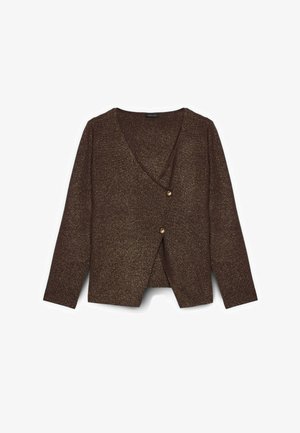 Cardigan metallizzato marrone con scollo a V, maniche lunghe e design incrociato. Presenta due bottoni dorati prominenti sul davanti.