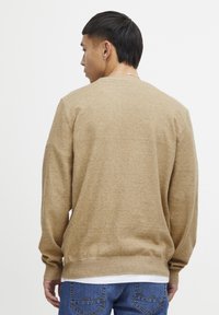 Beige gebreide trui met een ronde halslijn, lange mouwen en geribbelde zoom. De stof heeft een zachte textuur en een licht gemêleerd uiterlijk.