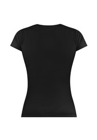 Schwarzes T-Shirt mit kurzen Ärmeln, taillierter Passform, Rundhalsausschnitt und glatter Stoffoberfläche; keine Muster oder Grafiken sichtbar.
