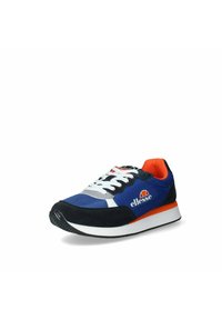 Scarpe da ginnastica blu e nere con tomaia in rete, accenti in suede, lacci bianchi e un interno arancione, dotate di un logo sul lato.