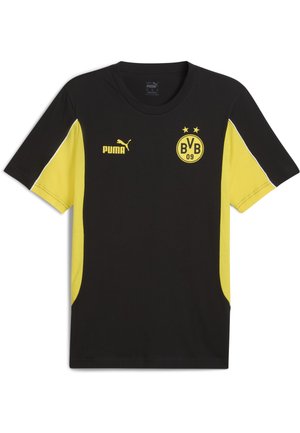 Camiseta negra de manga corta con acentos amarillos y paneles laterales. Presenta un logo de Puma y el emblema del Borussia Dortmund en el pecho. Tejido suave.