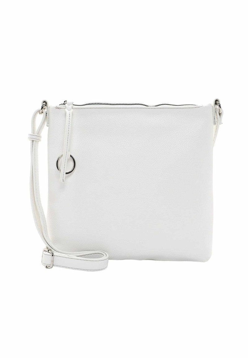 Borsa a tracolla in pelle bianca con chiusura a zip, tracolla regolabile e accentatura in metallo. Texture liscia con design minimalista.