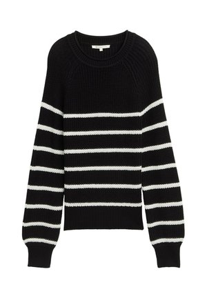 Pull en laine noire avec des rayures horizontales blanches, col et poignets côtelés. Présente une coupe décontractée et un tissu texturé.