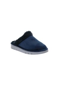 Mule azul marino hecho de material suave, con un puño de piel de lujo y una suela de goma gris claro con patrones de agarre texturizados.