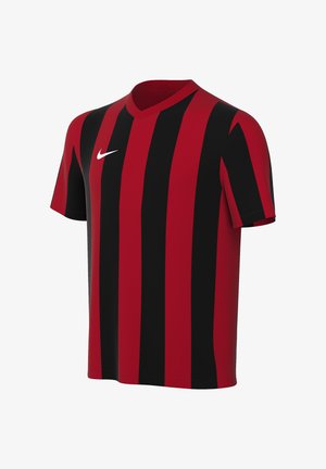 Rotes und schwarzes vertikal gestreiftes Sporttrikot mit kurzen Ärmeln, weißem Nike-Logo auf der Brust und V-Ausschnitt.