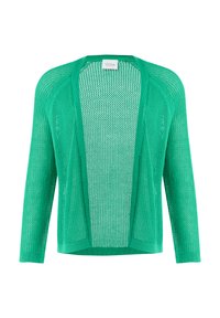 Grüner Netz-Cardigan mit langen Ärmeln, offenem Frontdesign, strukturiertem Strickstoff und gerippten Bündchen, der eine leichte und atmungsaktive Struktur zeigt.