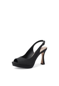 Tacchi a spillo neri con apertura sul davanti, realizzati in materiale sintetico liscio, con tacco a stiletto affusolato e soletta imbottita per il massimo comfort.