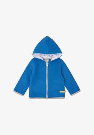 Blue fleece jacket with a hood, featuring a zip closure, gray trimming, and a patterned lining with birds. Tags visible on the side.