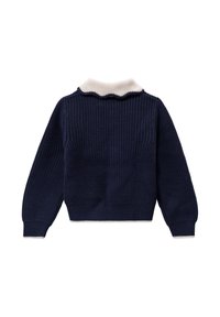 Marineblau gestrickter Pullover mit einem cremefarbenen, gewellten Kragen. Verfügt über lange Ärmel und einen gerippten Saum. Strukturierter Stoff mit einem gemütlichen Aussehen.