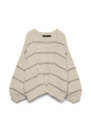 Cardigan gris clair en tissu doux et texturé. Présente des rayures horizontales violettes, des manches larges et un design à l'avant ouvert.