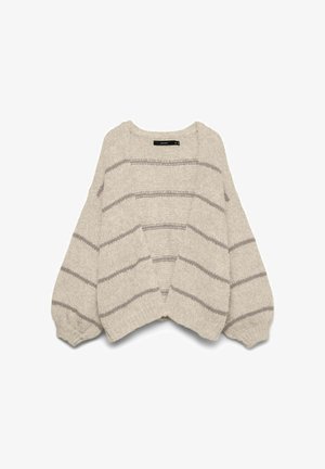 Ljusgrå kofta med mjukt, texturerat tyg. Har lila horisontella ränder, vida ärmar och öppen framkant.