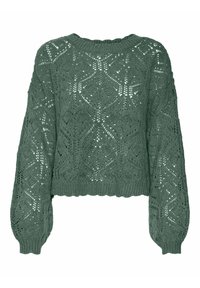 Grüner gestrickter Pullover mit einem strukturierten Spitzenmuster, rundem Ausschnitt und langen puffigen Ärmeln. Kürzere Passform mit geripptem Saum.