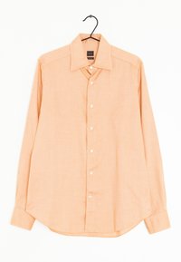 Camicia arancione a maniche lunghe con colletto strutturato, patta anteriore e orlo curvo, realizzata in un tessuto leggero.