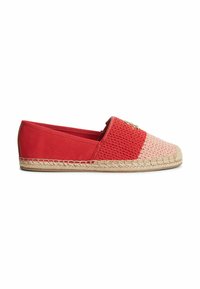 Red slip-on espadrille with woven toe cap in pink and red, beige braided jute sole, and subtle gold emblem on upper.