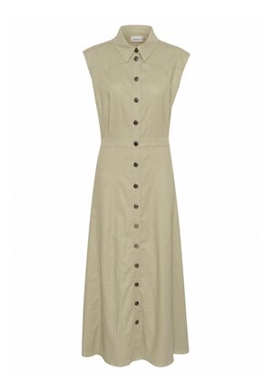 Vestito senza maniche color khaki chiaro con bottoni sul davanti, caratterizzato da un colletto appuntito, vita cinchata e due tasche frontali. Tessuto misto lino.