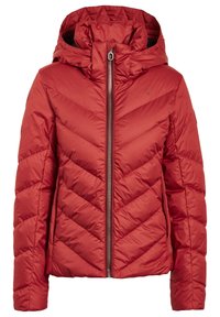 Veste doudoune rouge avec un motif en chevrons, fermeture éclair à l'avant et capuche. Fabriquée dans un matériau lisse et brillant, avec des poches latérales.